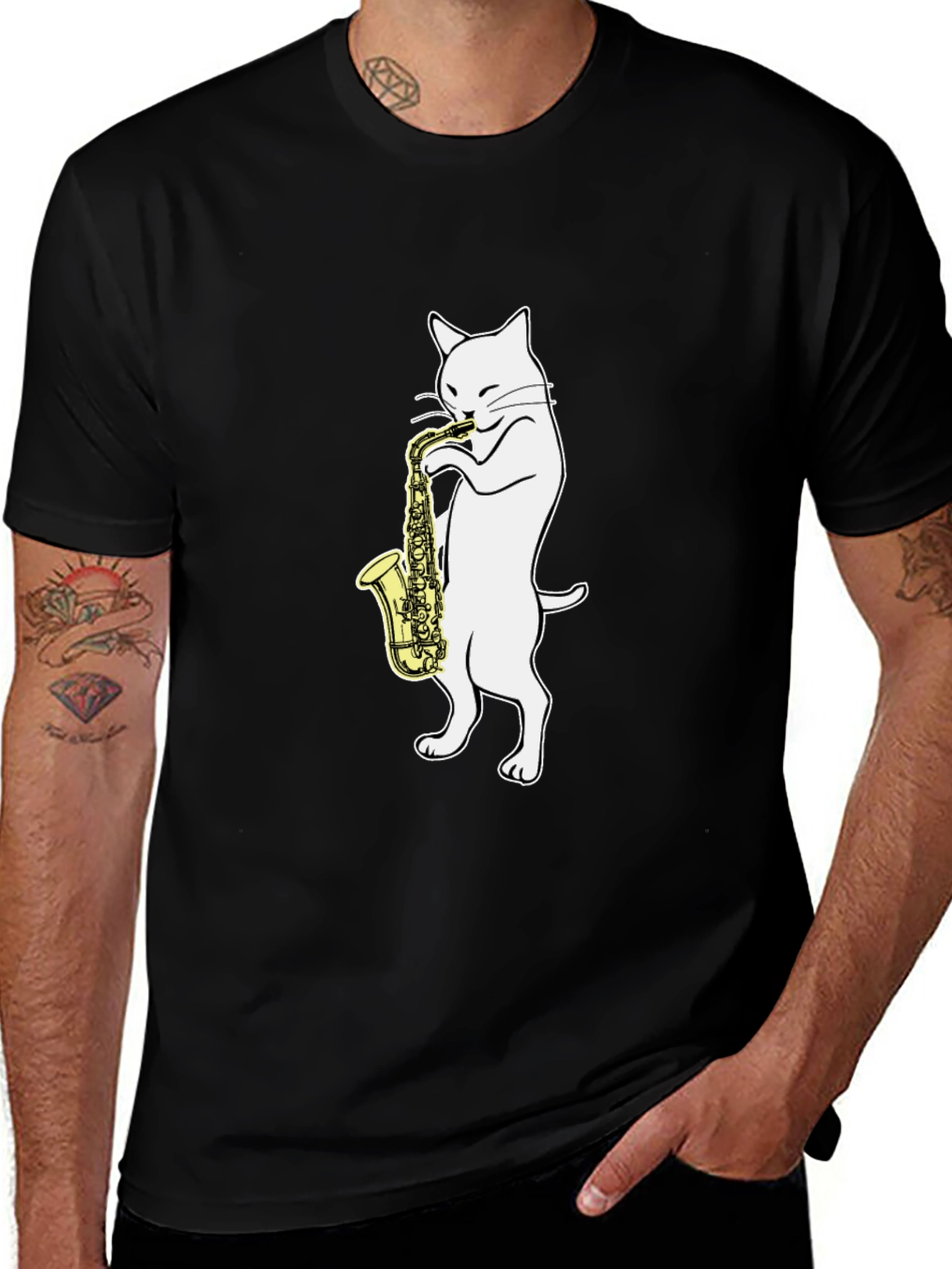Cat Saxophone Player Graphic Tee - Black Cotton