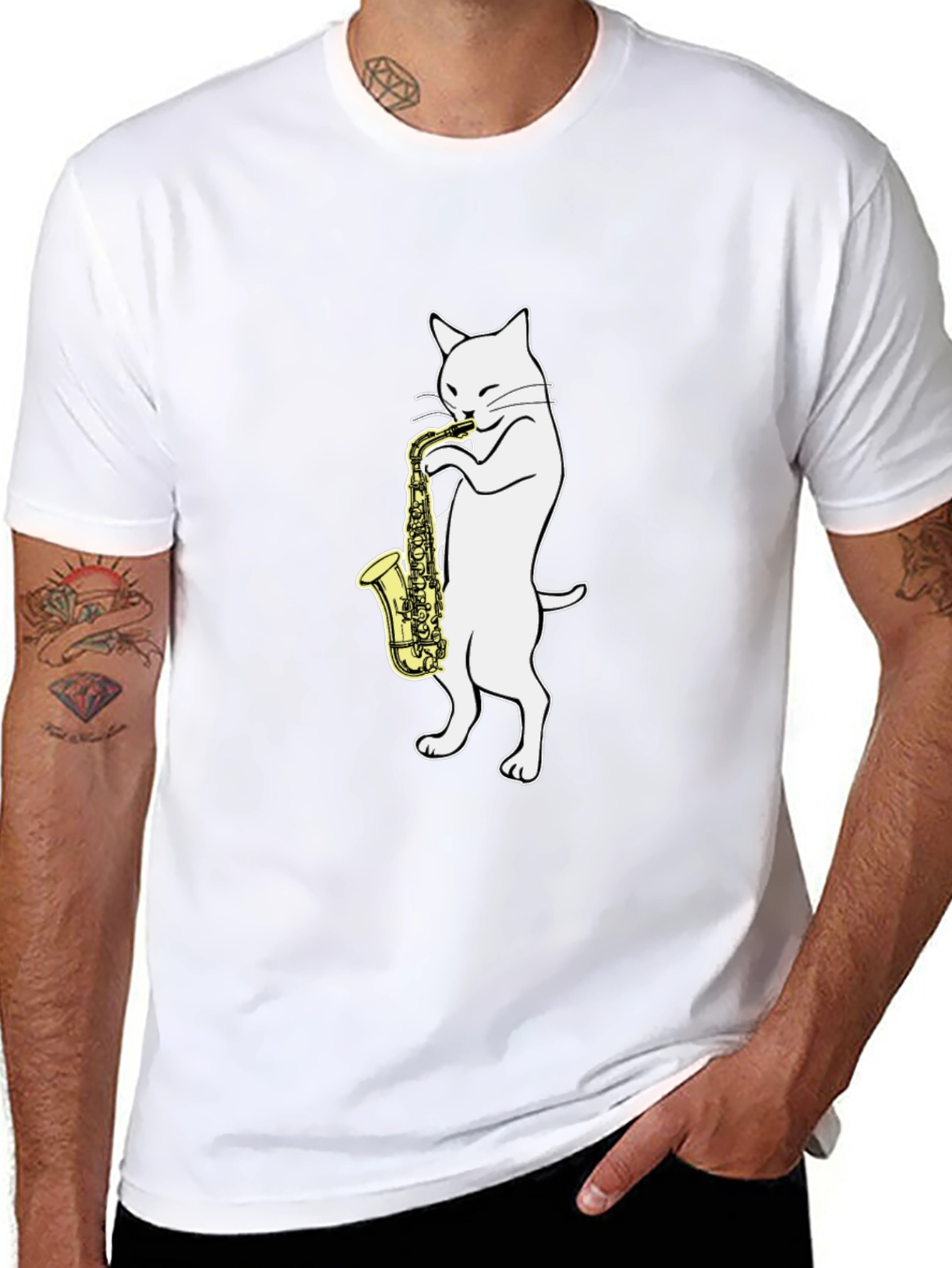 Cat Saxophone Player Graphic Tee - Black Cotton