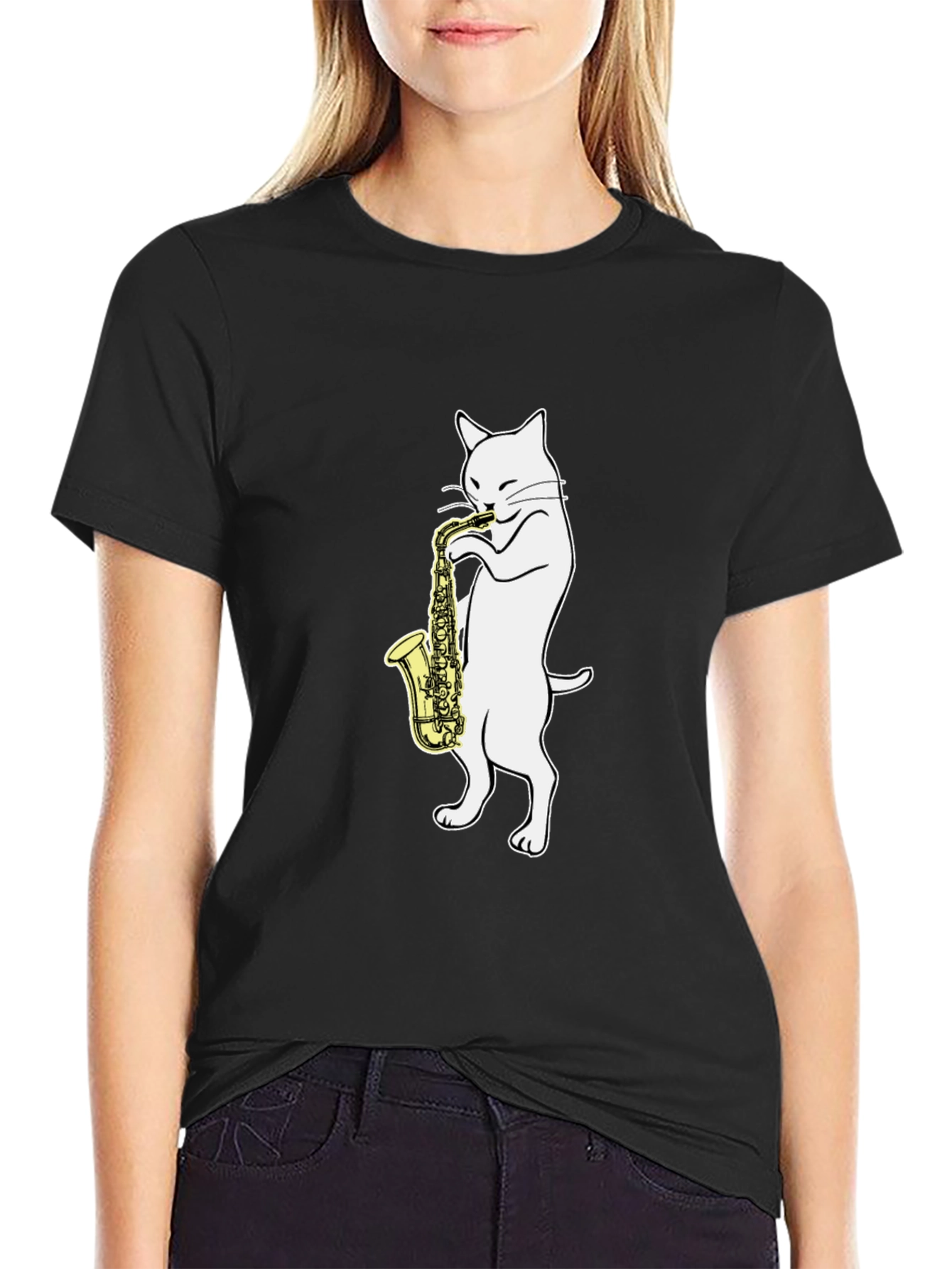 Cat Saxophone Player Graphic Tee - Black Cotton