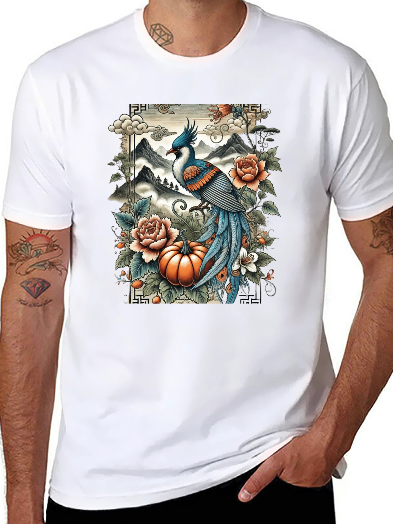 Artistic Bird & Pumpkin Graphic Tee