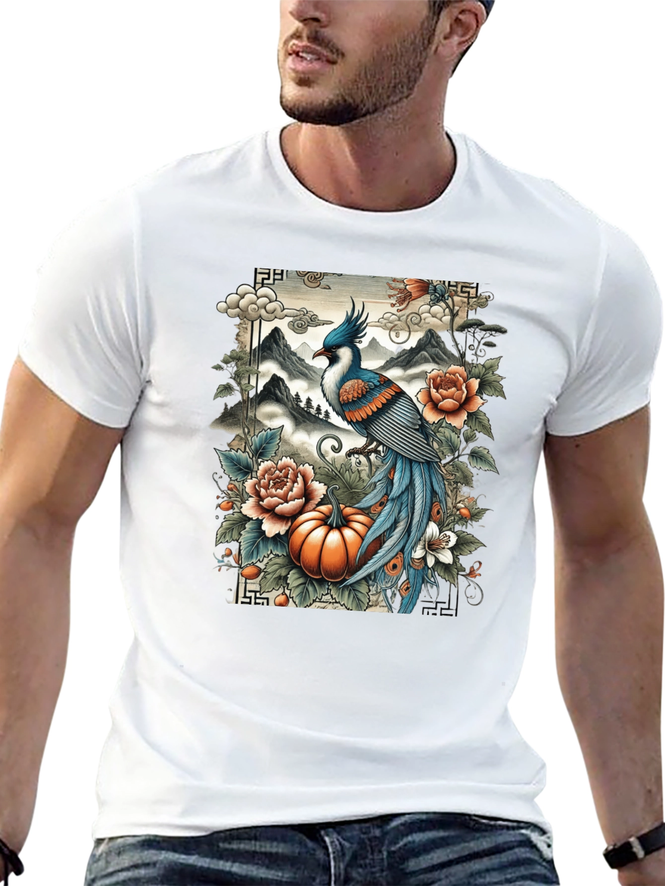 Artistic Bird & Pumpkin Graphic Tee
