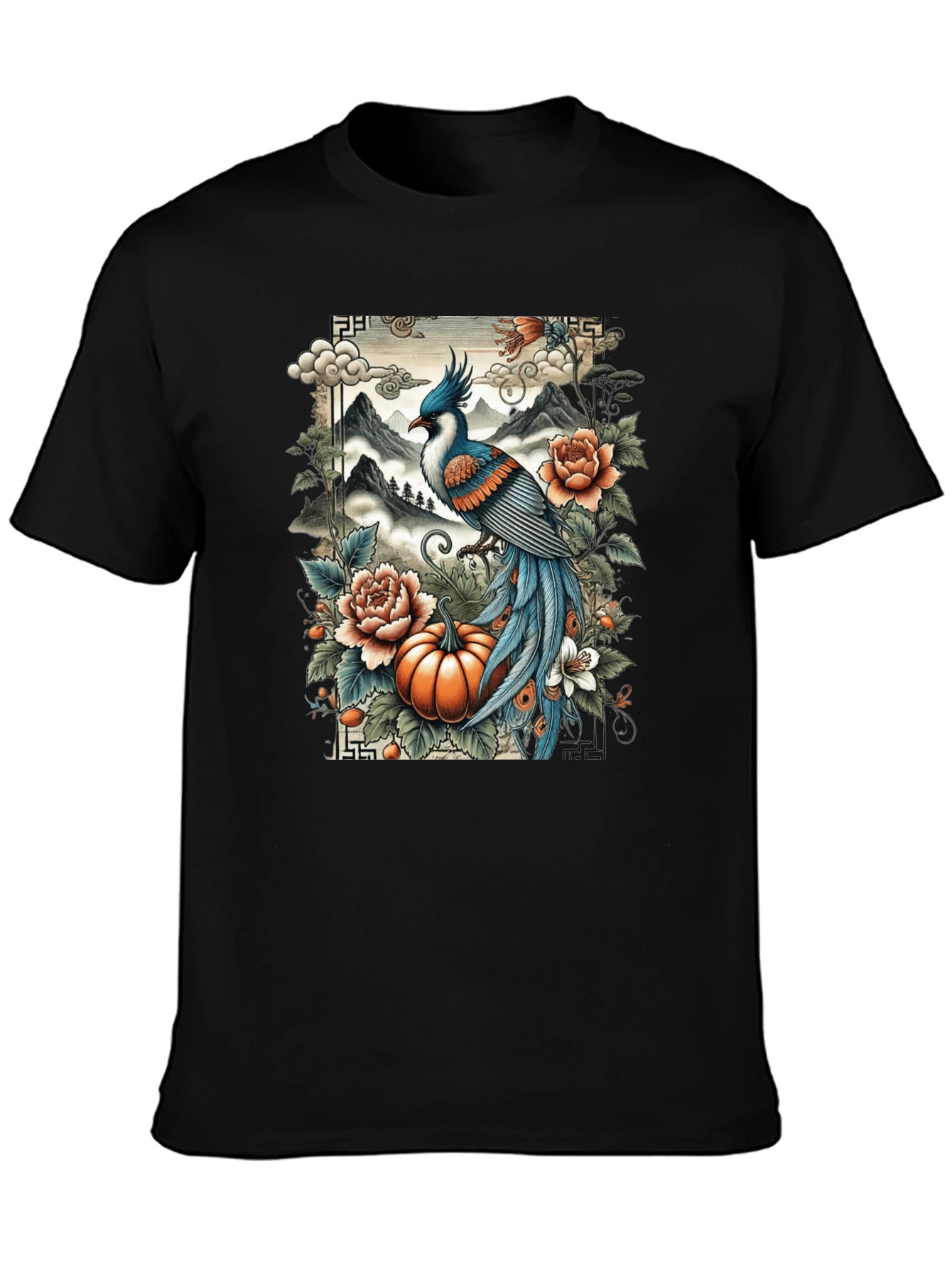 Artistic Bird & Pumpkin Graphic Tee