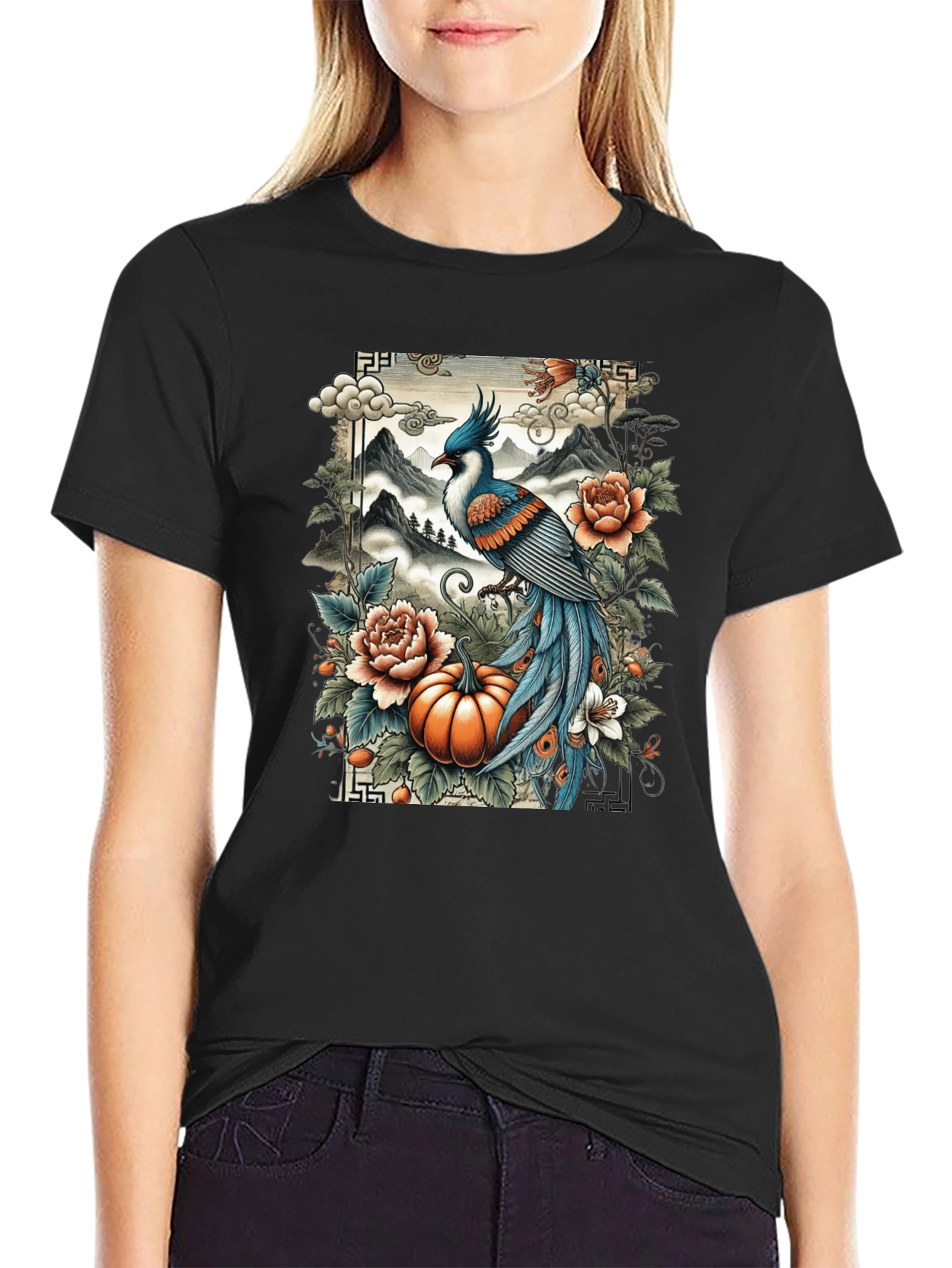 Artistic Bird & Pumpkin Graphic Tee