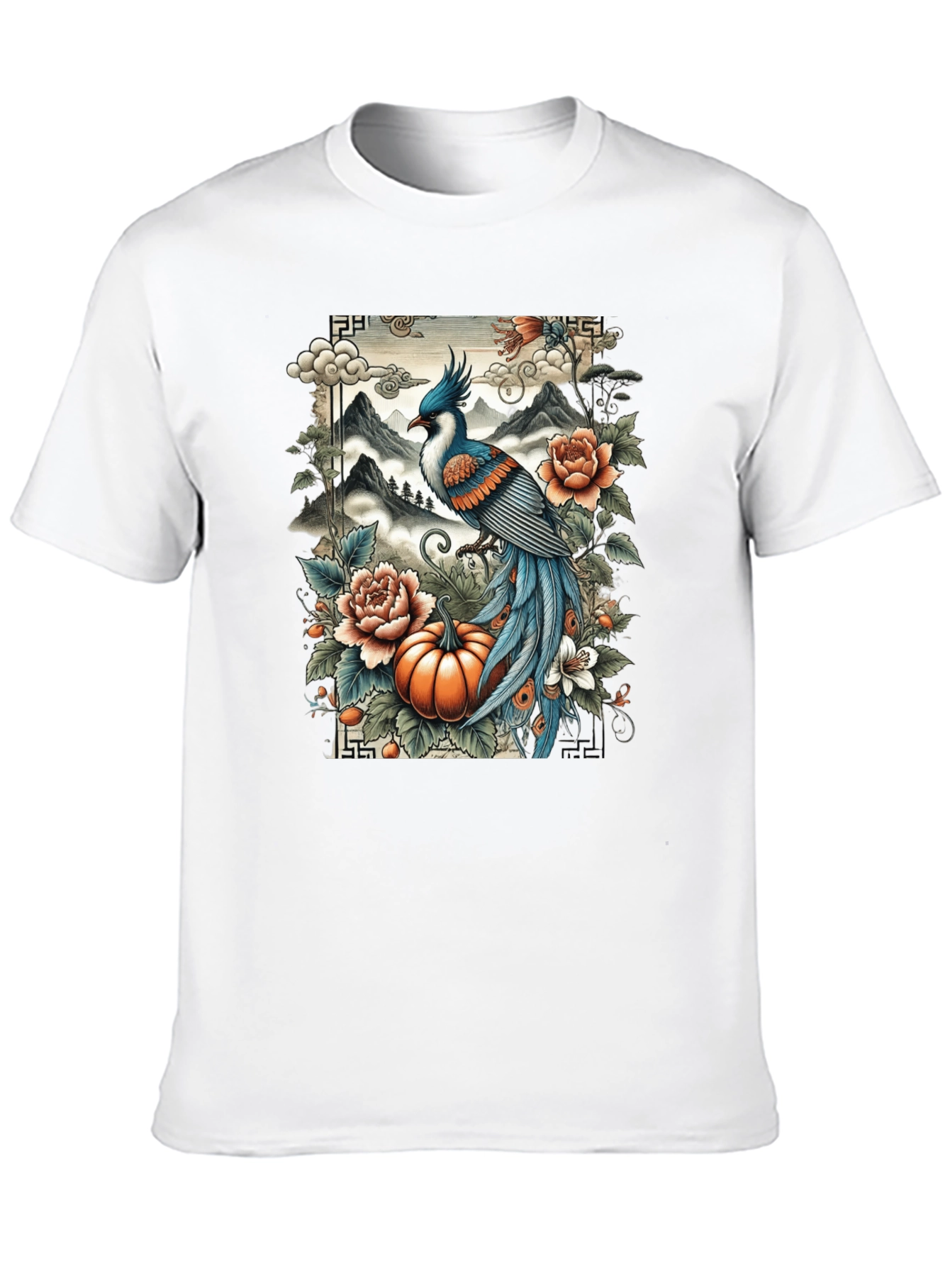 Artistic Bird & Pumpkin Graphic Tee