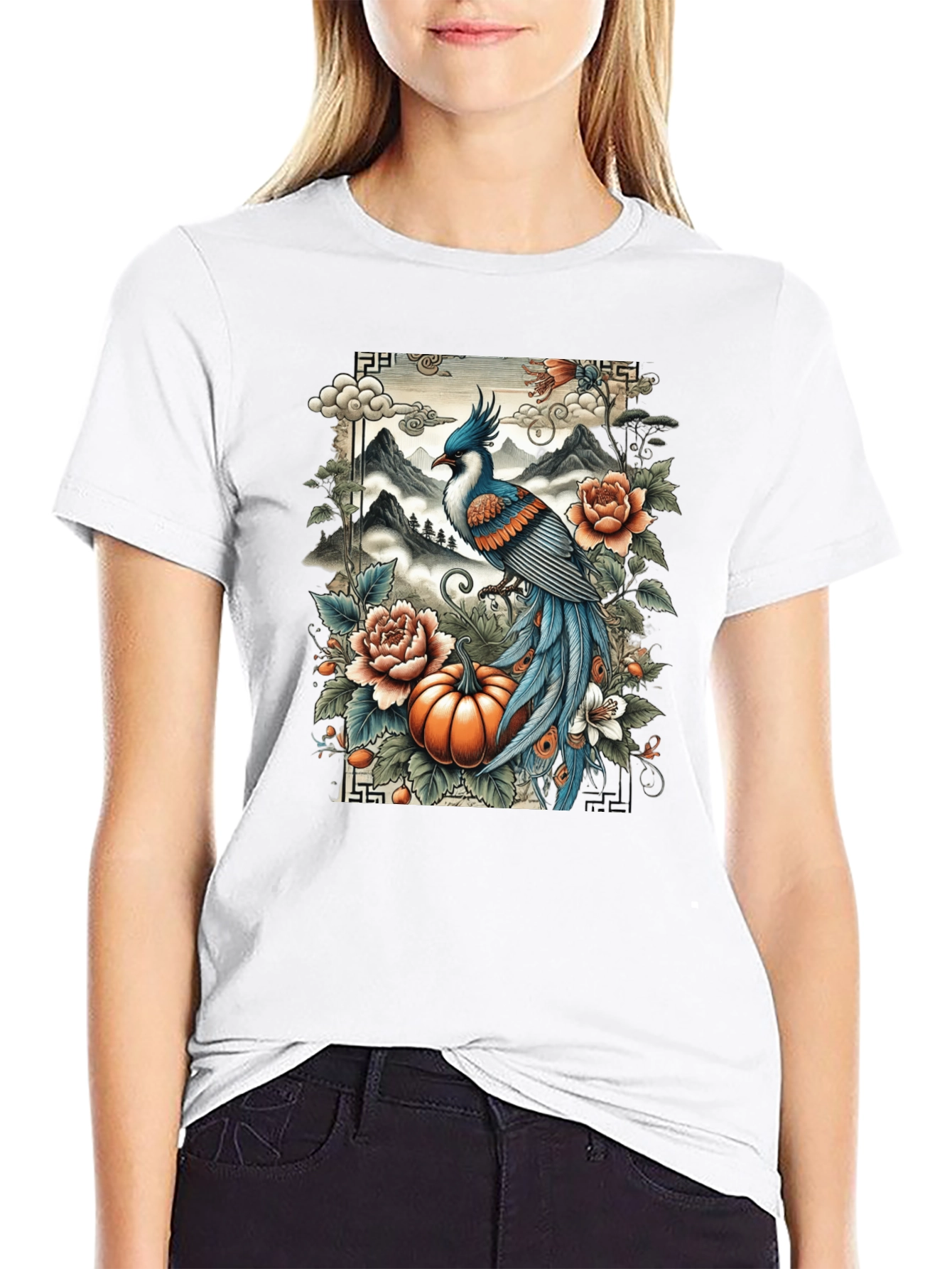 Artistic Bird & Pumpkin Graphic Tee