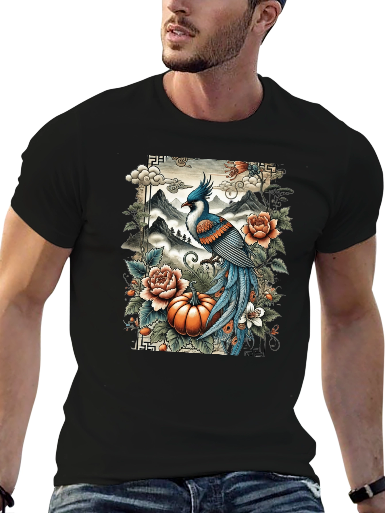 Artistic Bird & Pumpkin Graphic Tee