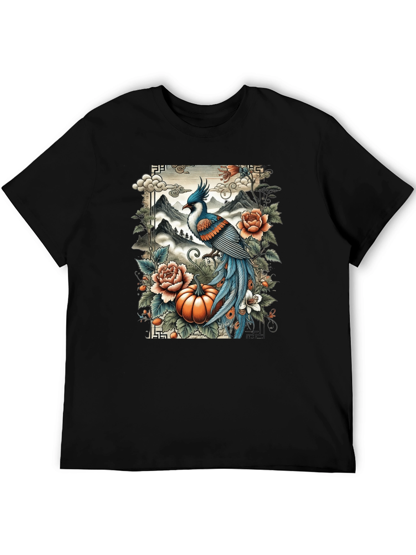 Artistic Bird & Pumpkin Graphic Tee