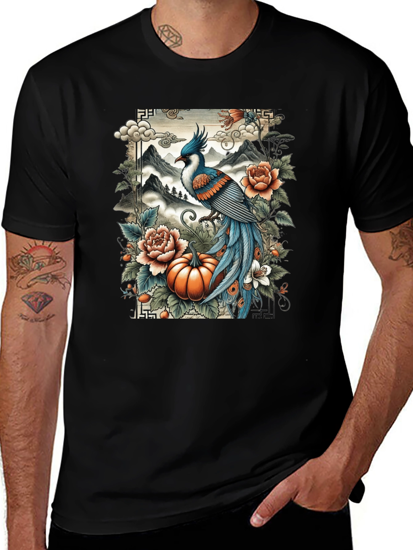 Artistic Bird & Pumpkin Graphic Tee