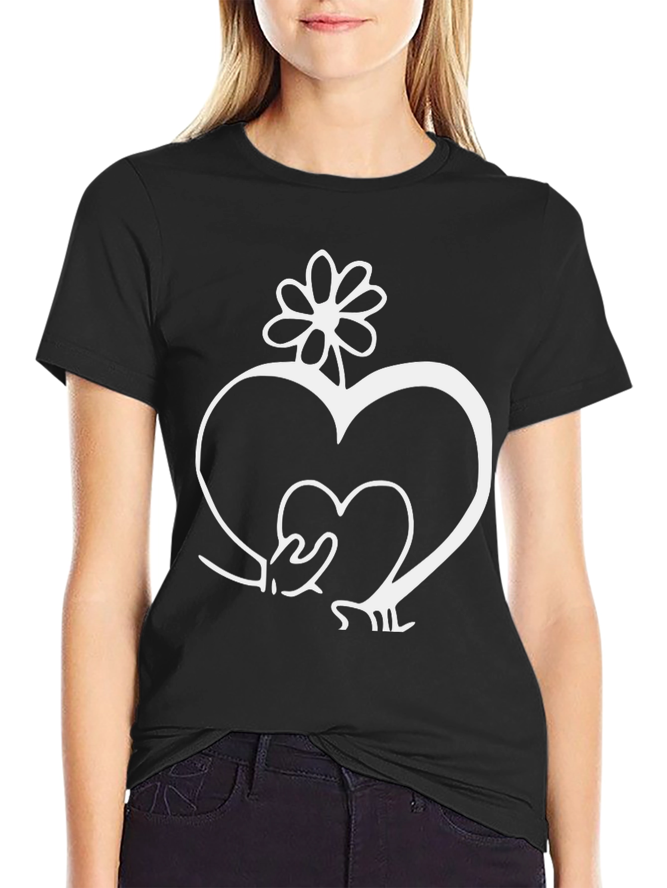 Heart and Flower Graphic Black T-Shirt