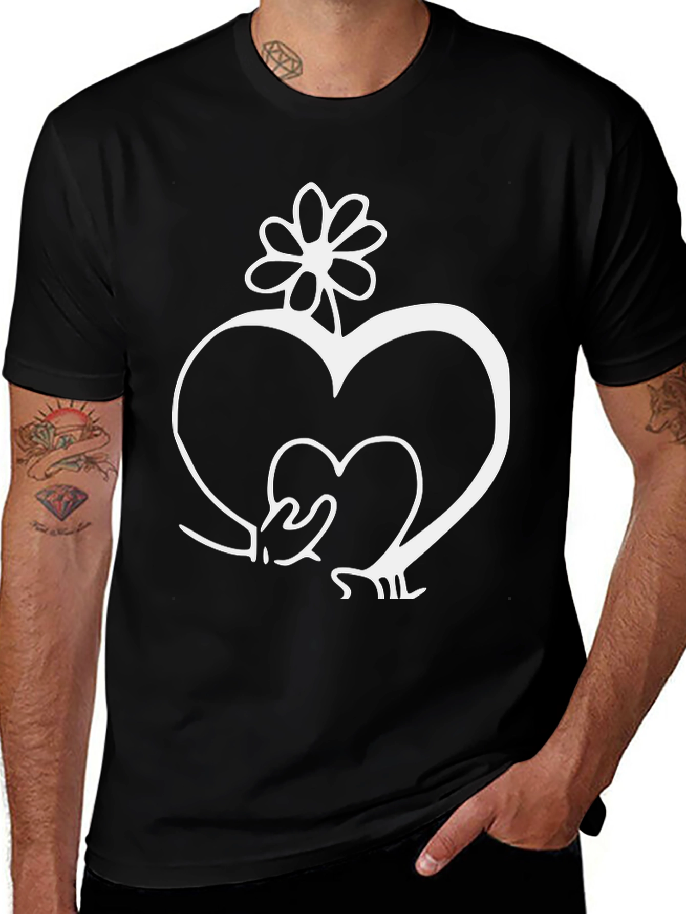 Heart and Flower Graphic Black T-Shirt
