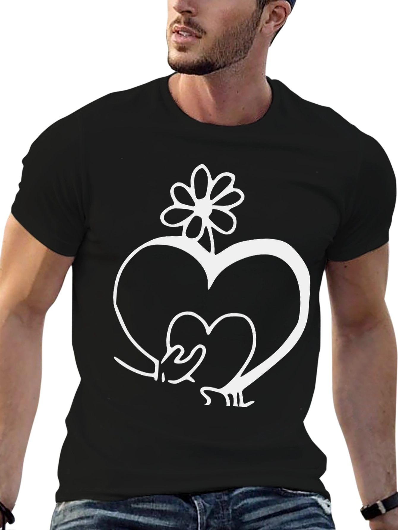 Heart and Flower Graphic Black T-Shirt