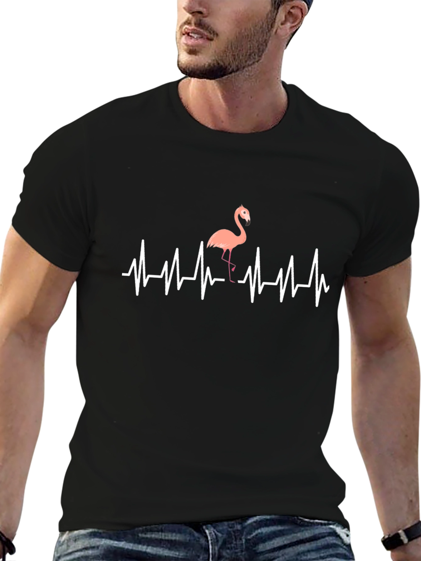 Flamingo Heartbeat T-Shirt - Mens Black Graphic Tee