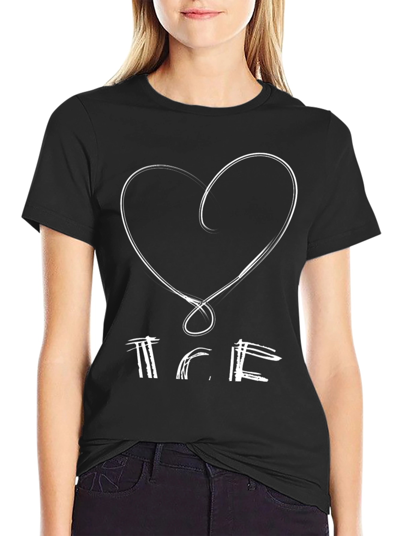 Heart & Text Print Black Graphic Tee