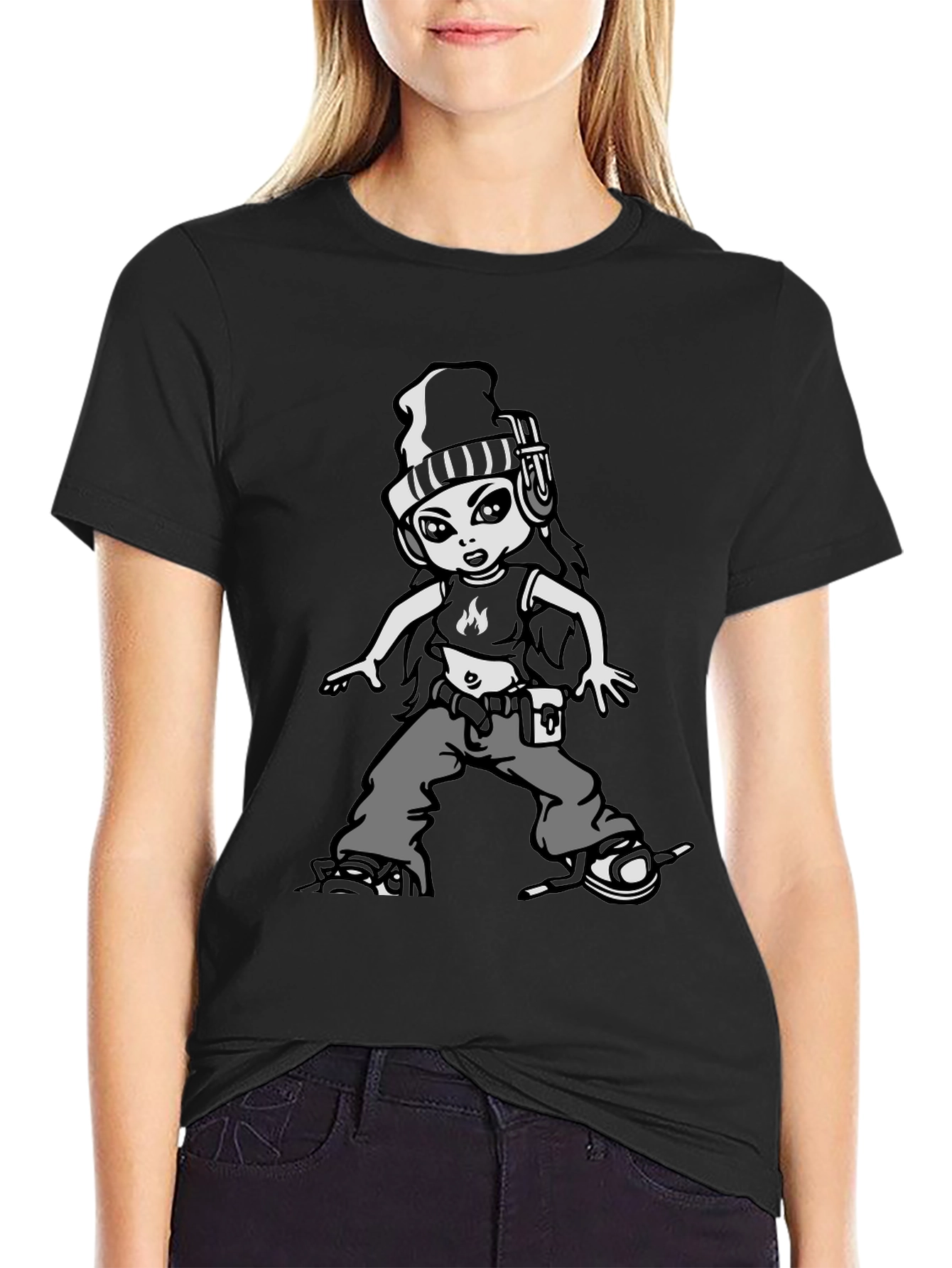Cool Cartoon Girl Graphic Black T-Shirt