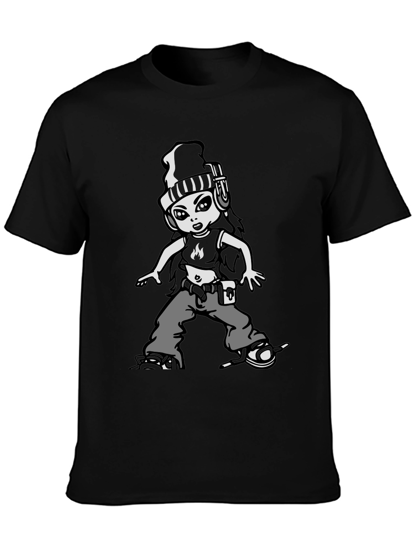 Cool Cartoon Girl Graphic Black T-Shirt