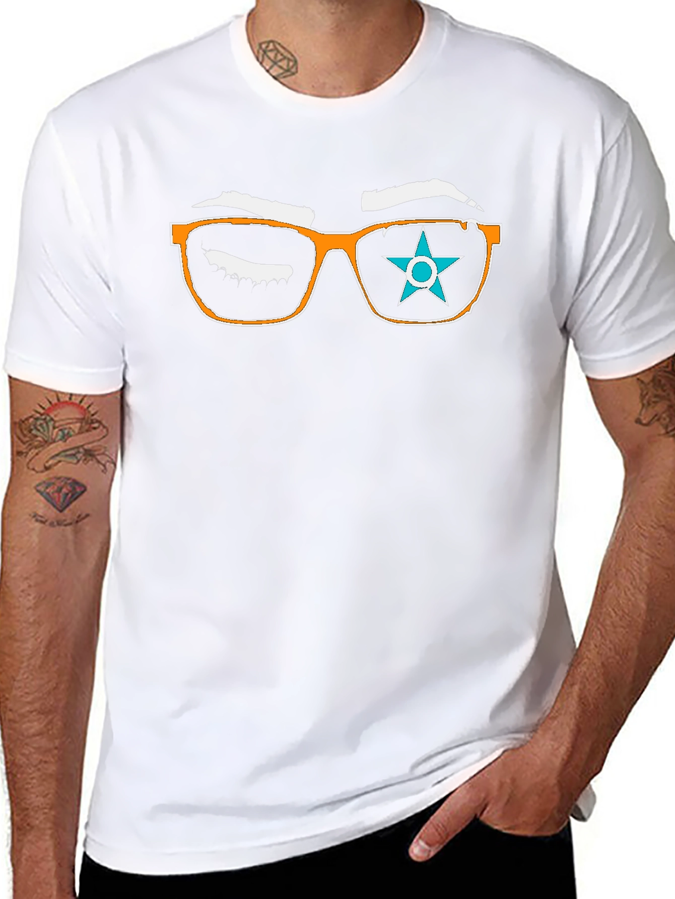 Graphic Tee with Eyeglasses and Star Design
