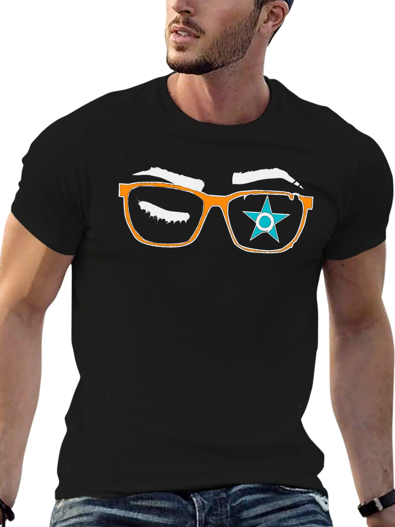 Graphic Tee with Eyeglasses and Star Design