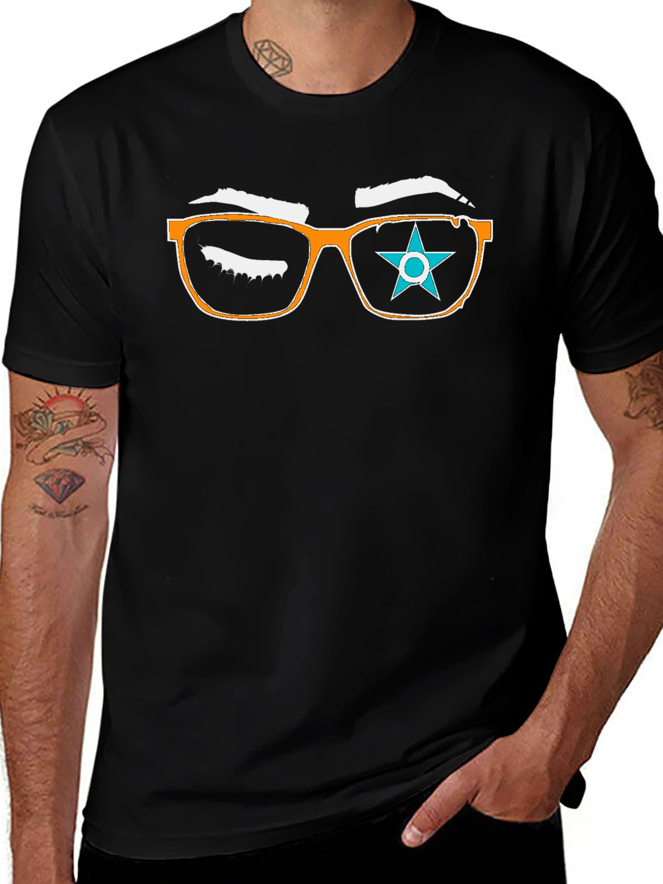 Graphic Tee with Eyeglasses and Star Design