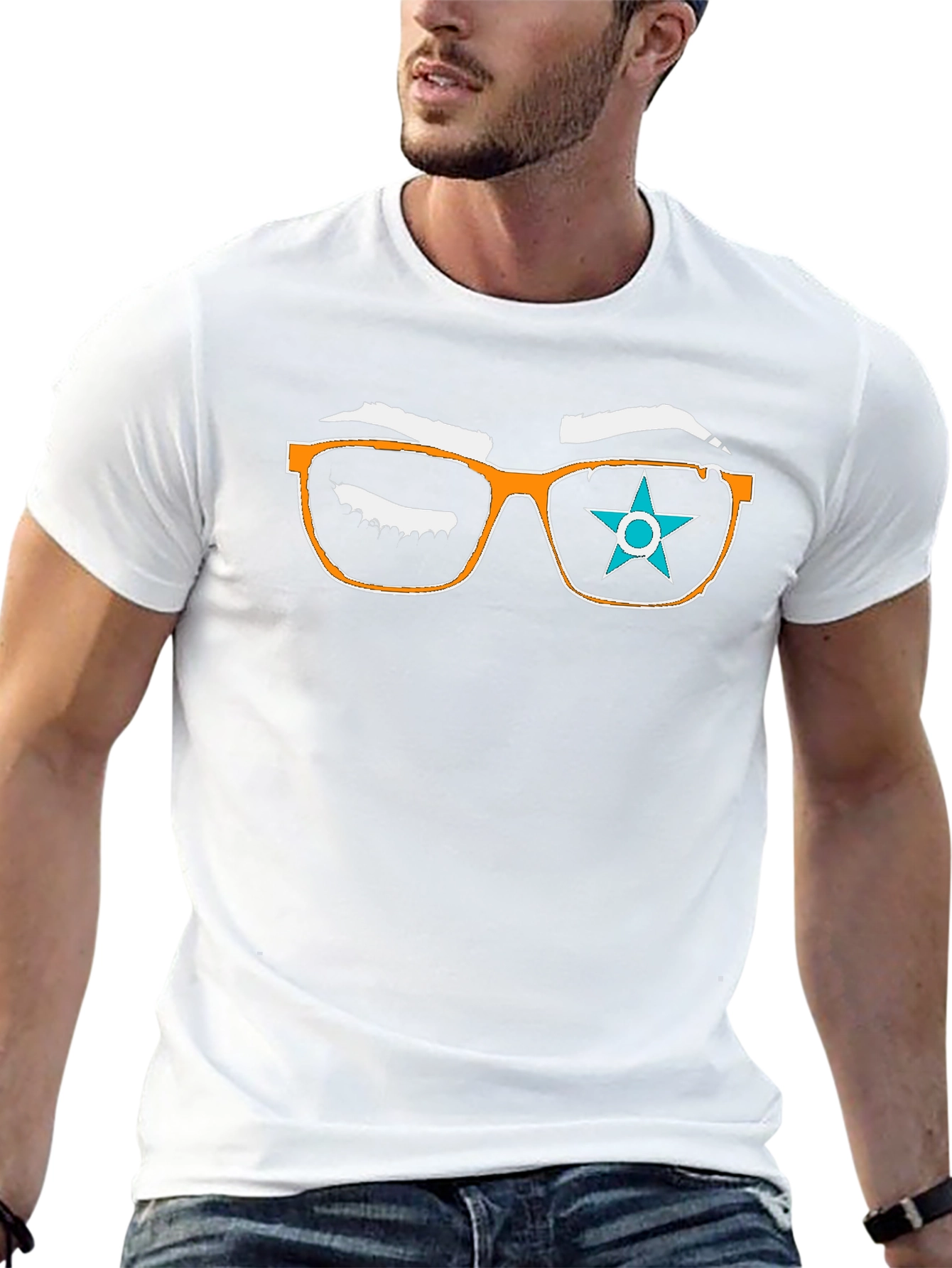 Graphic Tee with Eyeglasses and Star Design