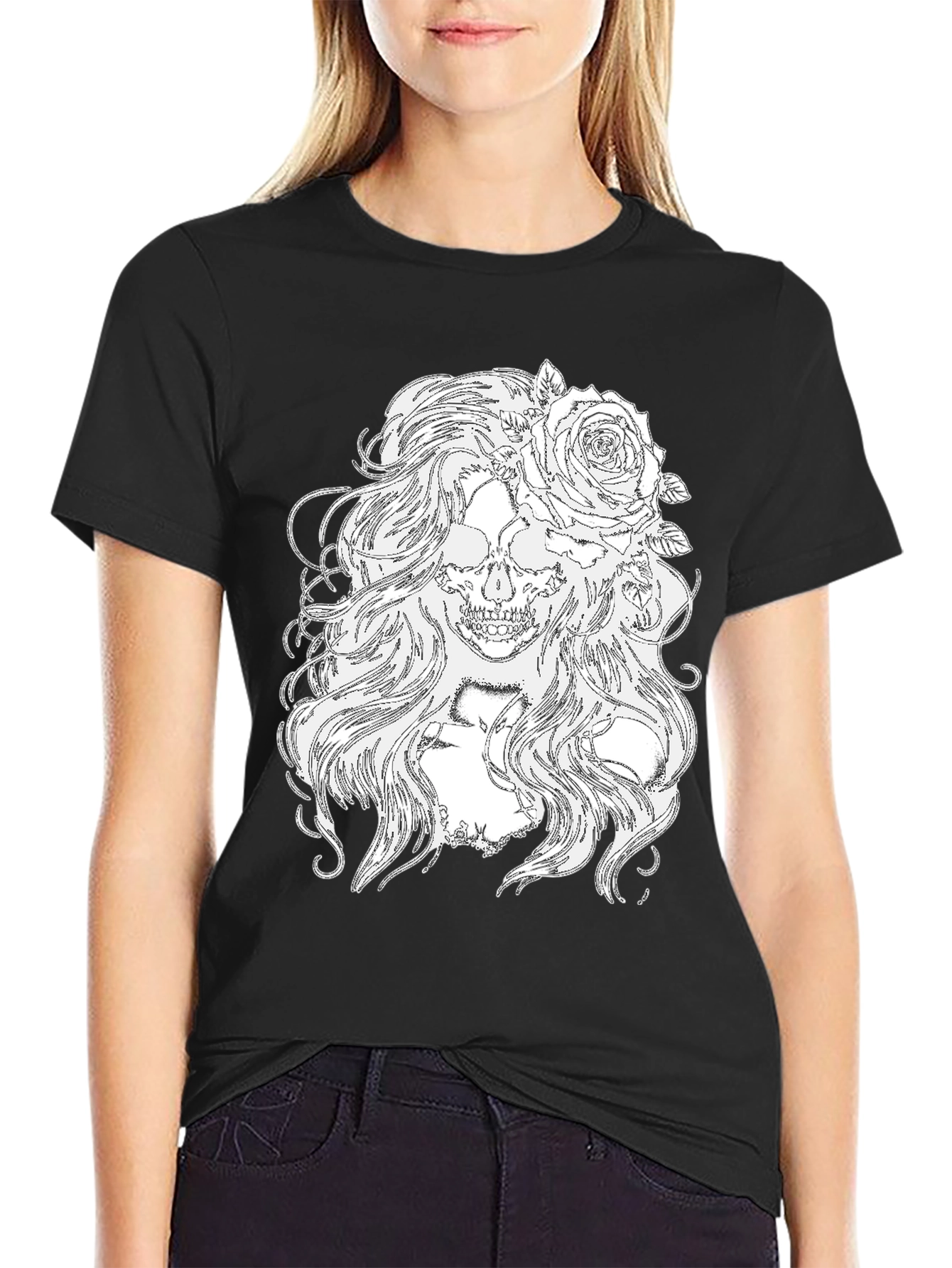 Skull & Roses Graphic Tee - Black Cotton T-Shirt