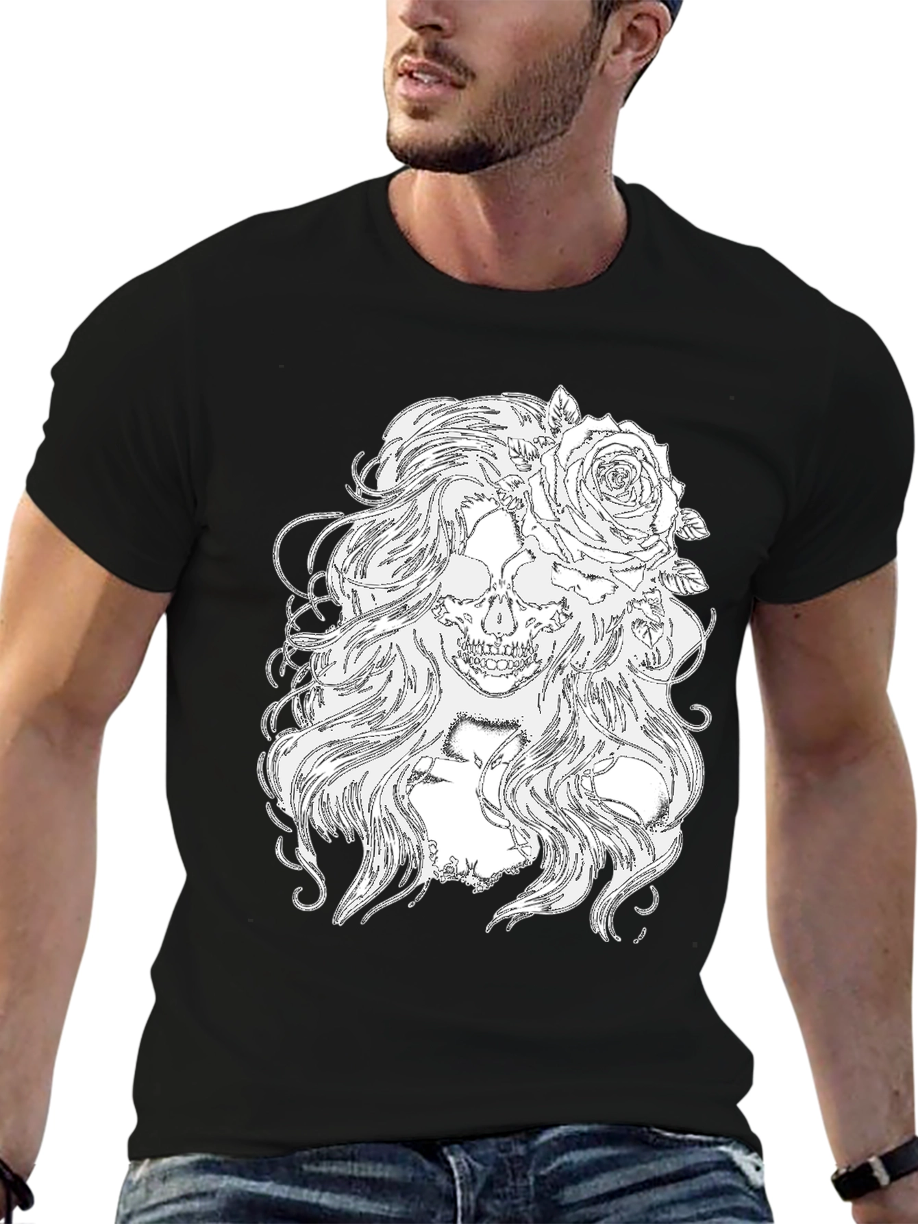 Skull & Roses Graphic Tee - Black Cotton T-Shirt