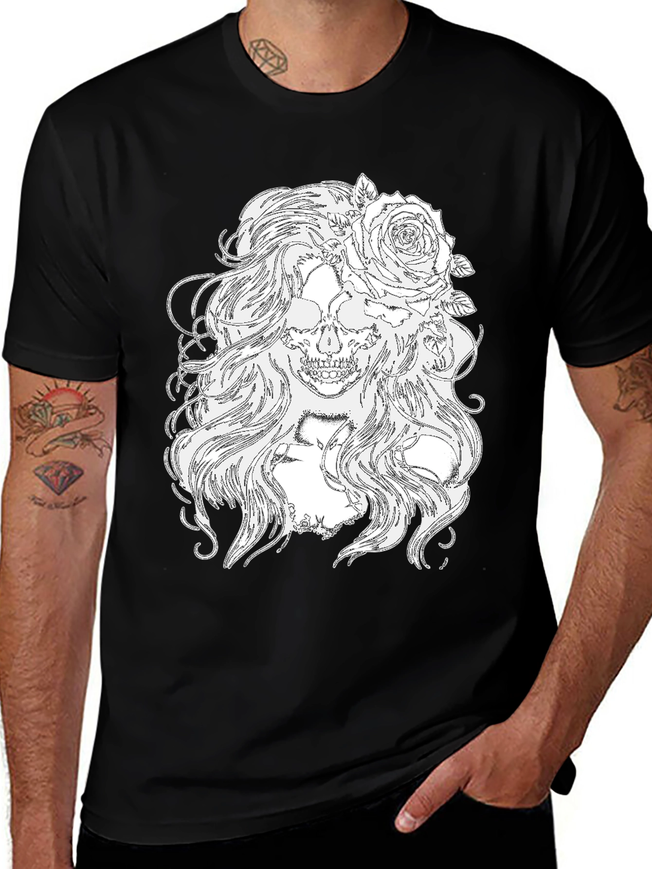 Skull & Roses Graphic Tee - Black Cotton T-Shirt