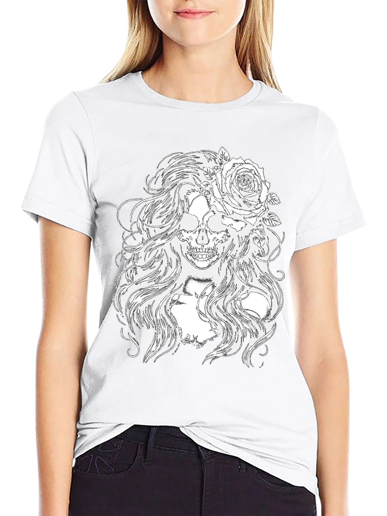 Skull & Roses Graphic Tee - Black Cotton T-Shirt