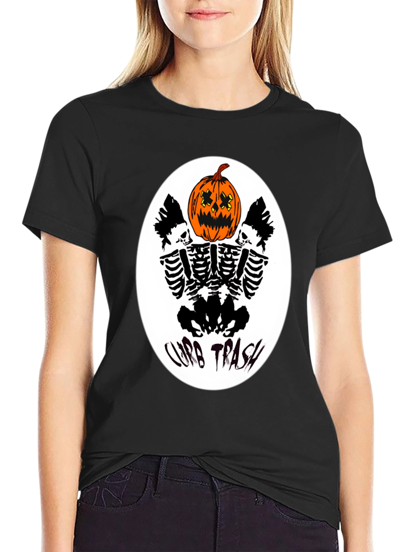 Curb Trash Pumpkin Skeleton Graphic Tee