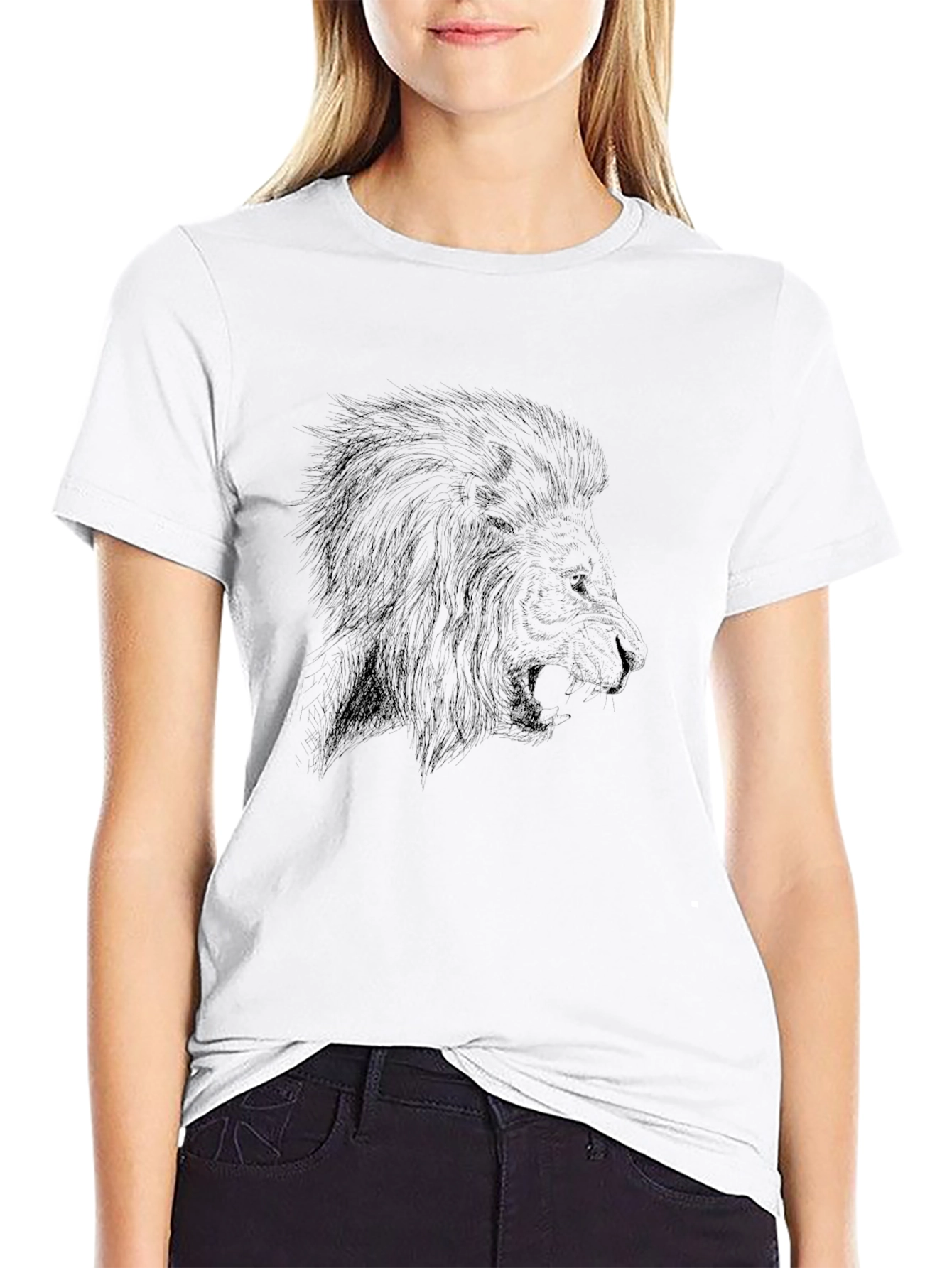 Lion Graphic Print Black Crew Neck Tee