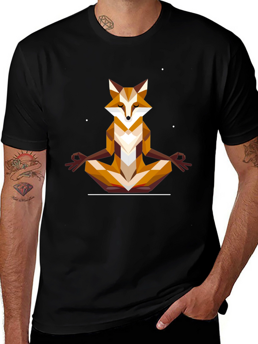 Geometric Fox Meditating Graphic Tee - Black T-Shirt
