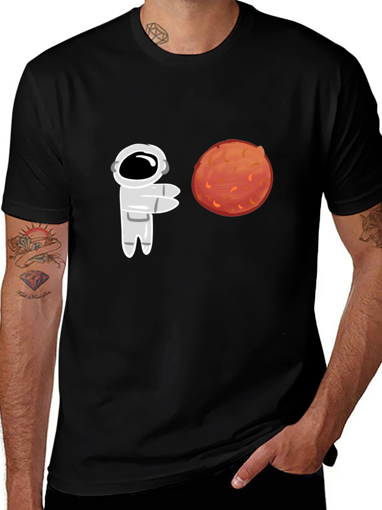 Astronaut & Mars Graphic Tee - Black Cotton T-Shirt