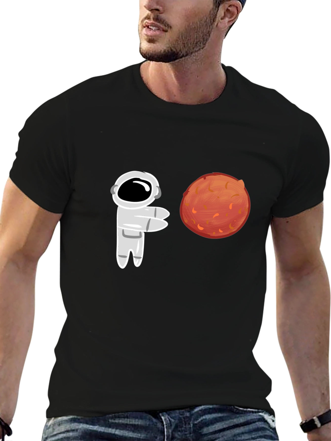 Astronaut & Mars Graphic Tee - Black Cotton T-Shirt