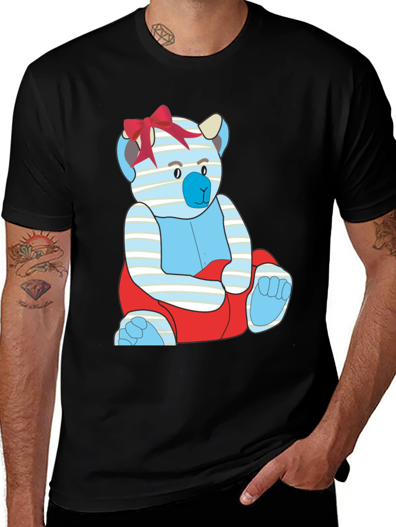 Black T-Shirt with Cute Cartoon Bear Design