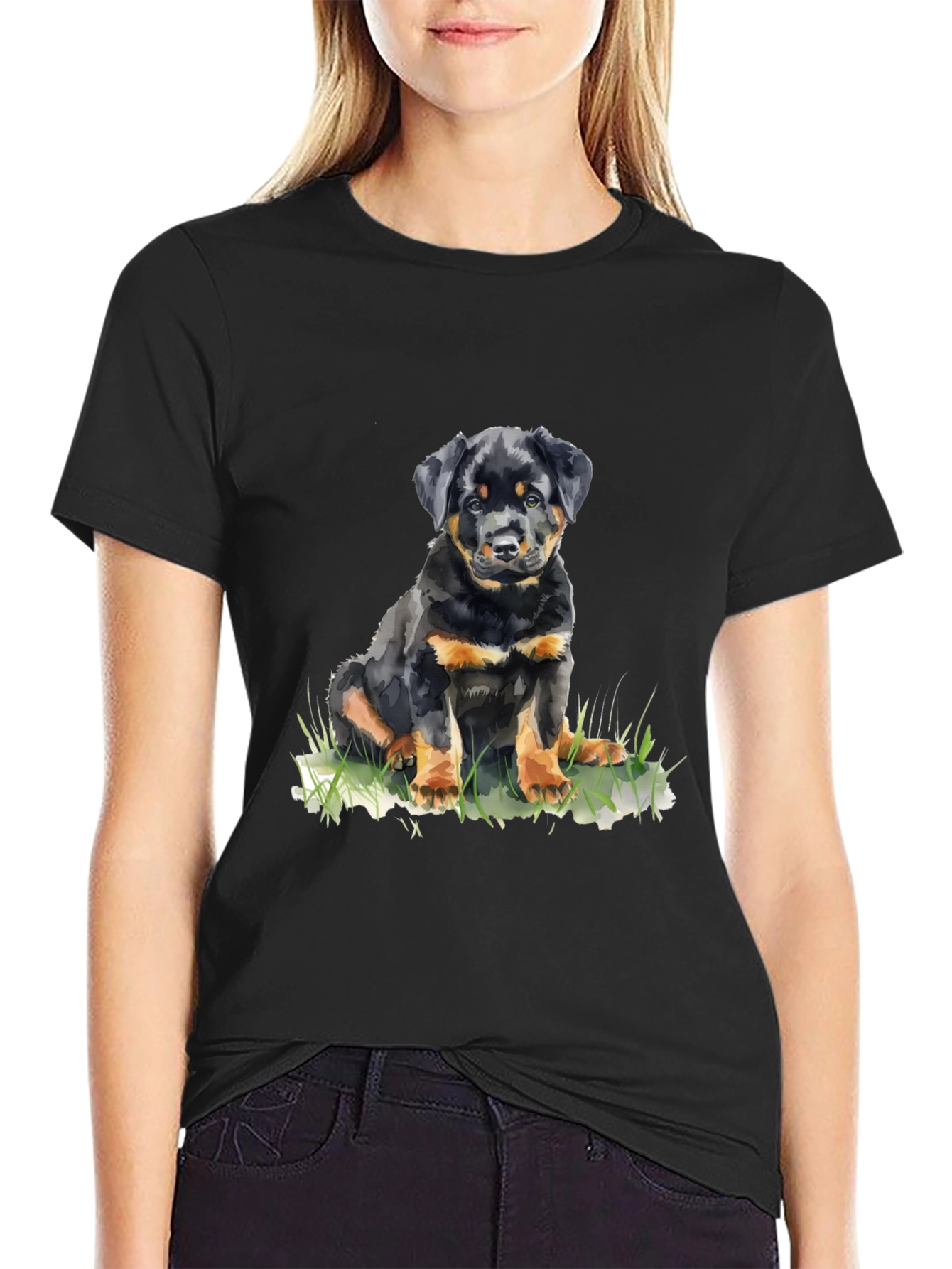 Rottweiler Puppy Graphic Tee - Black Cotton T-Shirt