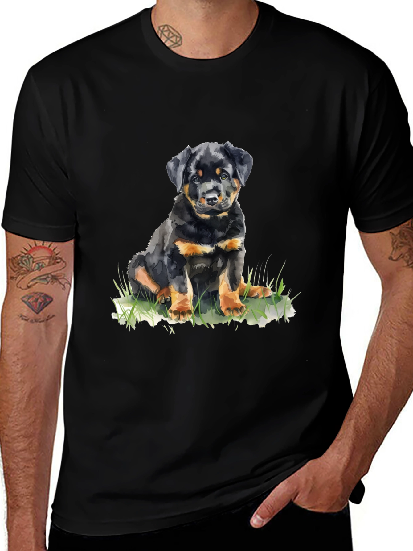 Rottweiler Puppy Graphic Tee - Black Cotton T-Shirt
