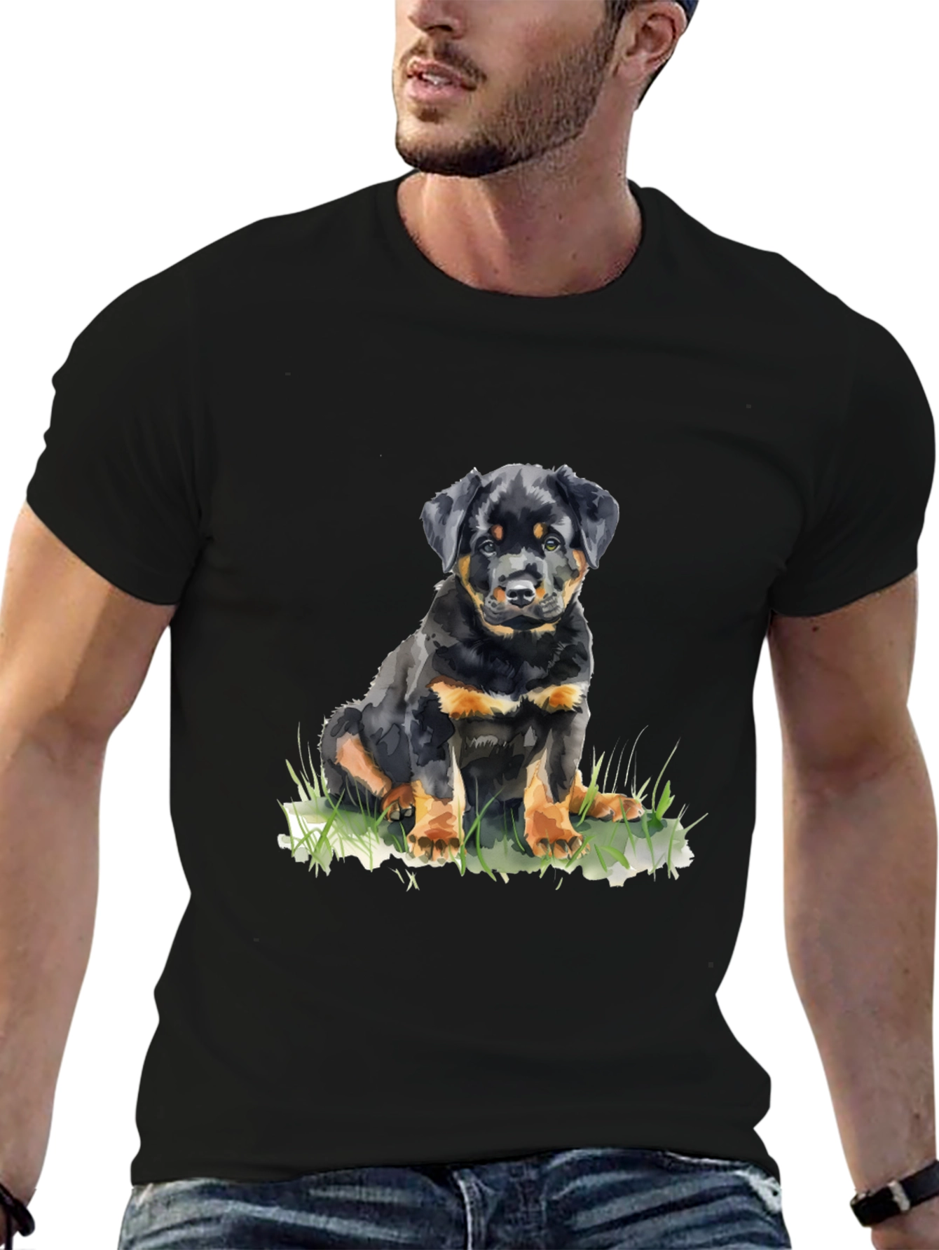 Rottweiler Puppy Graphic Tee - Black Cotton T-Shirt