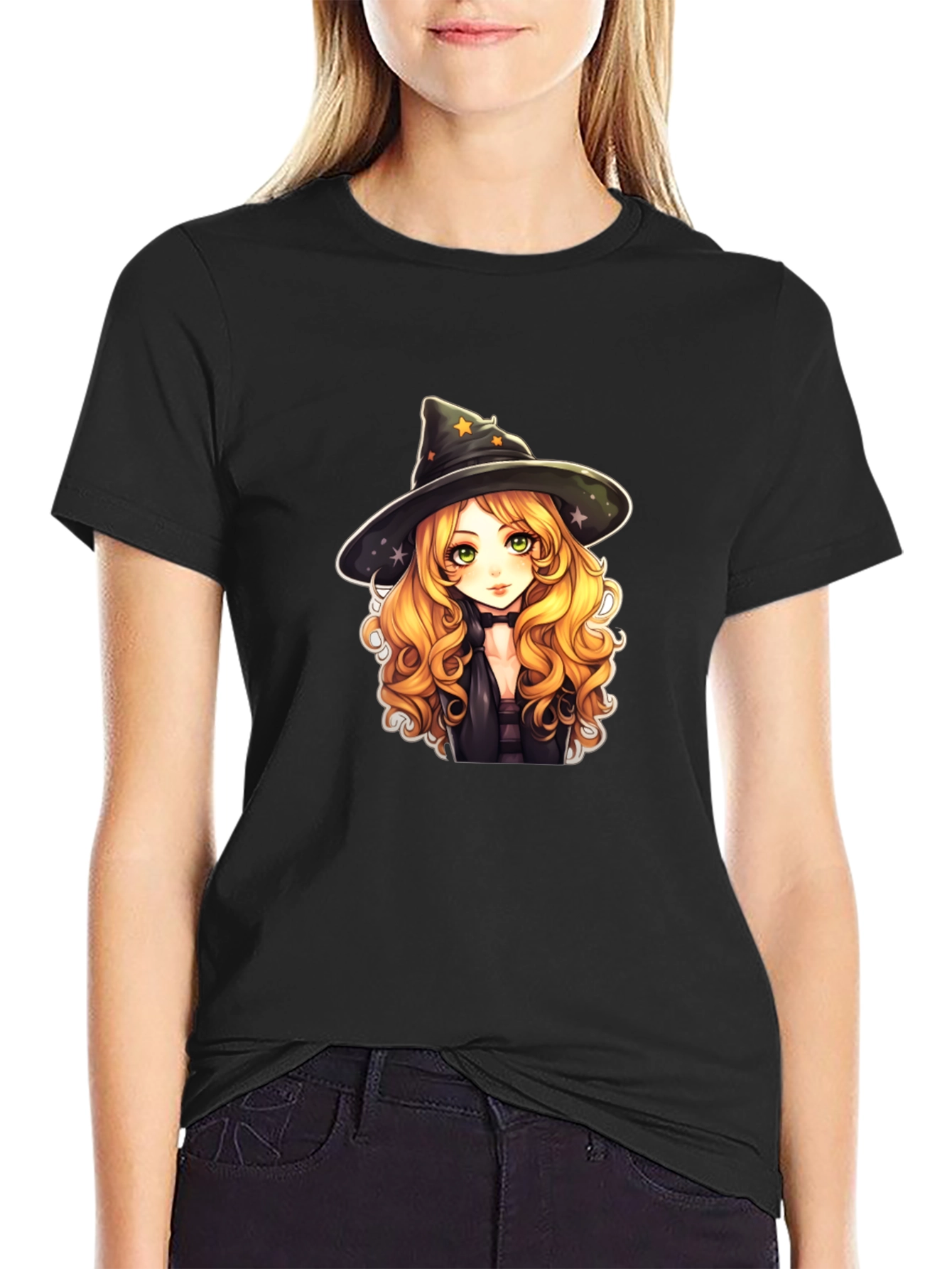 Anime Witch Graphic Tee - Black T-Shirt