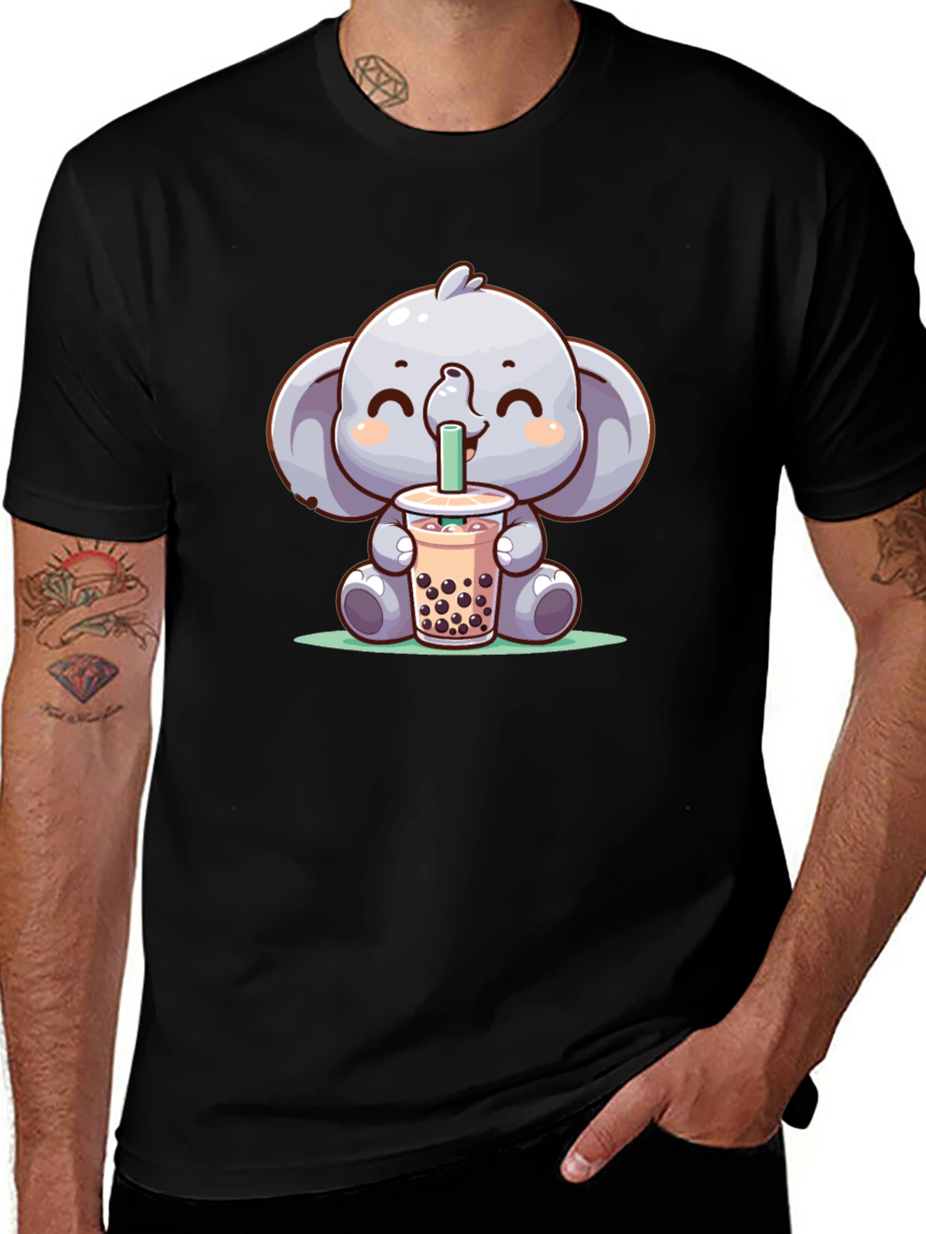 Elephant Boba Tea Graphic Tee - Cute Cartoon T-Shirt