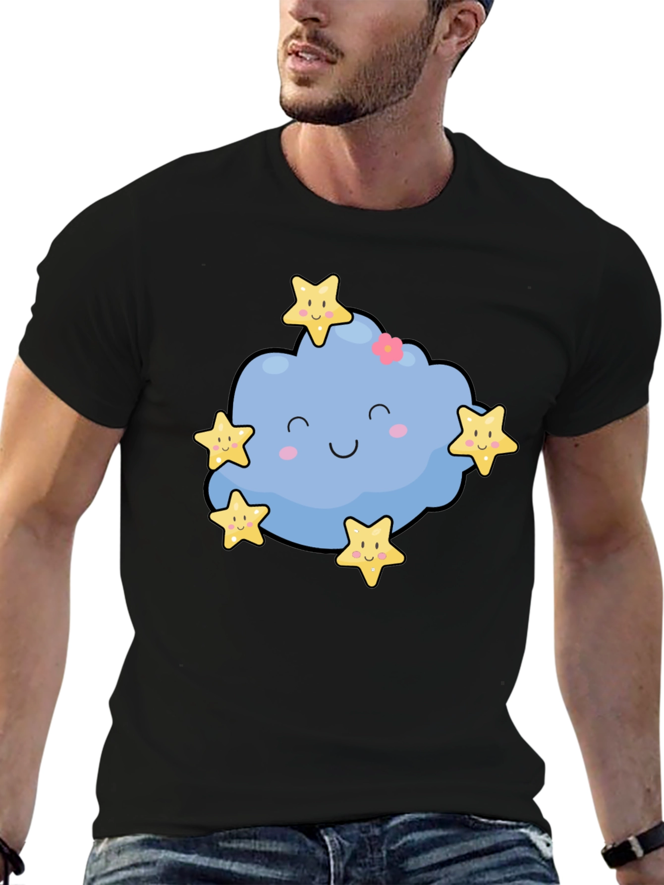 Cute Cloud & Stars Graphic Black T-Shirt