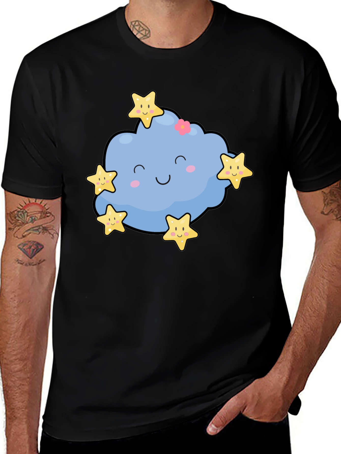Cute Cloud & Stars Graphic Black T-Shirt