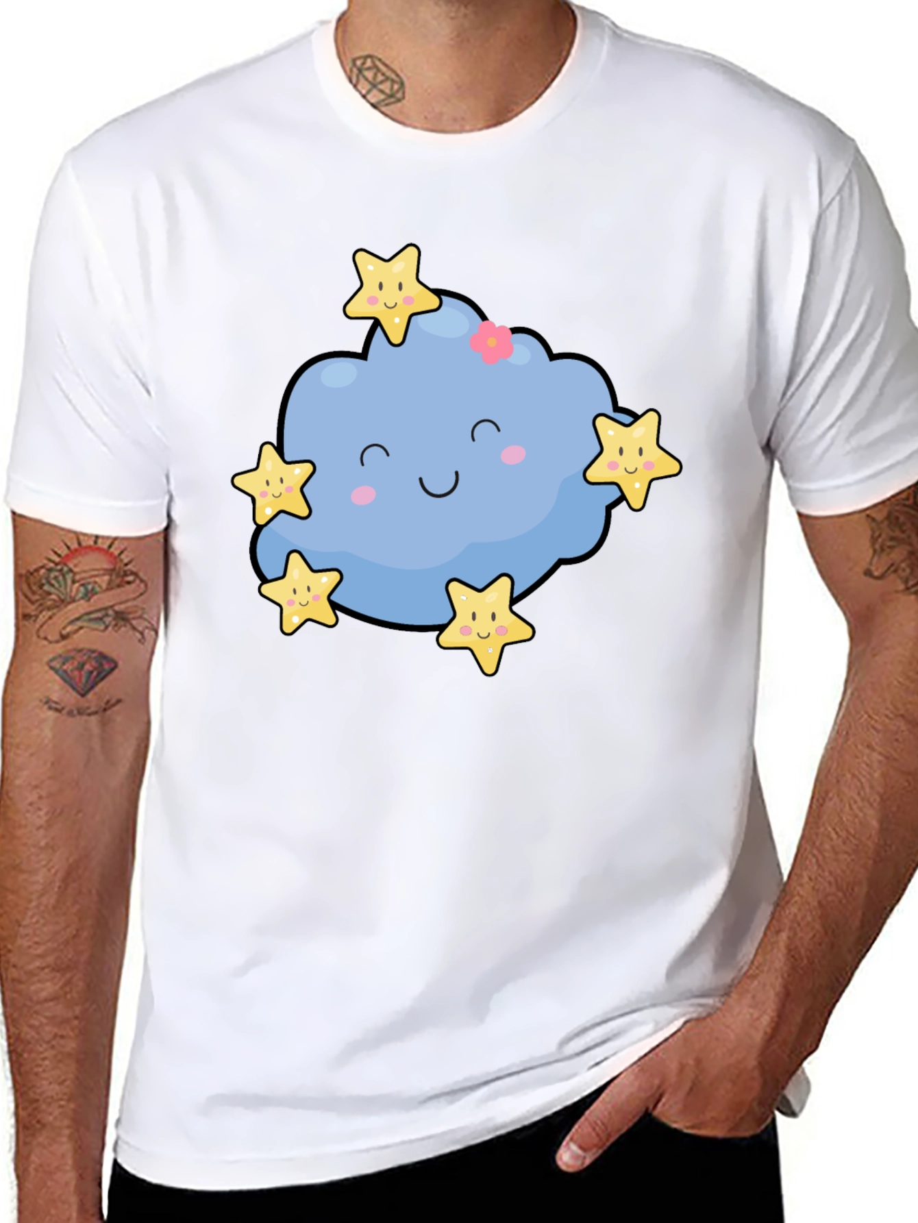 Cute Cloud & Stars Graphic Black T-Shirt