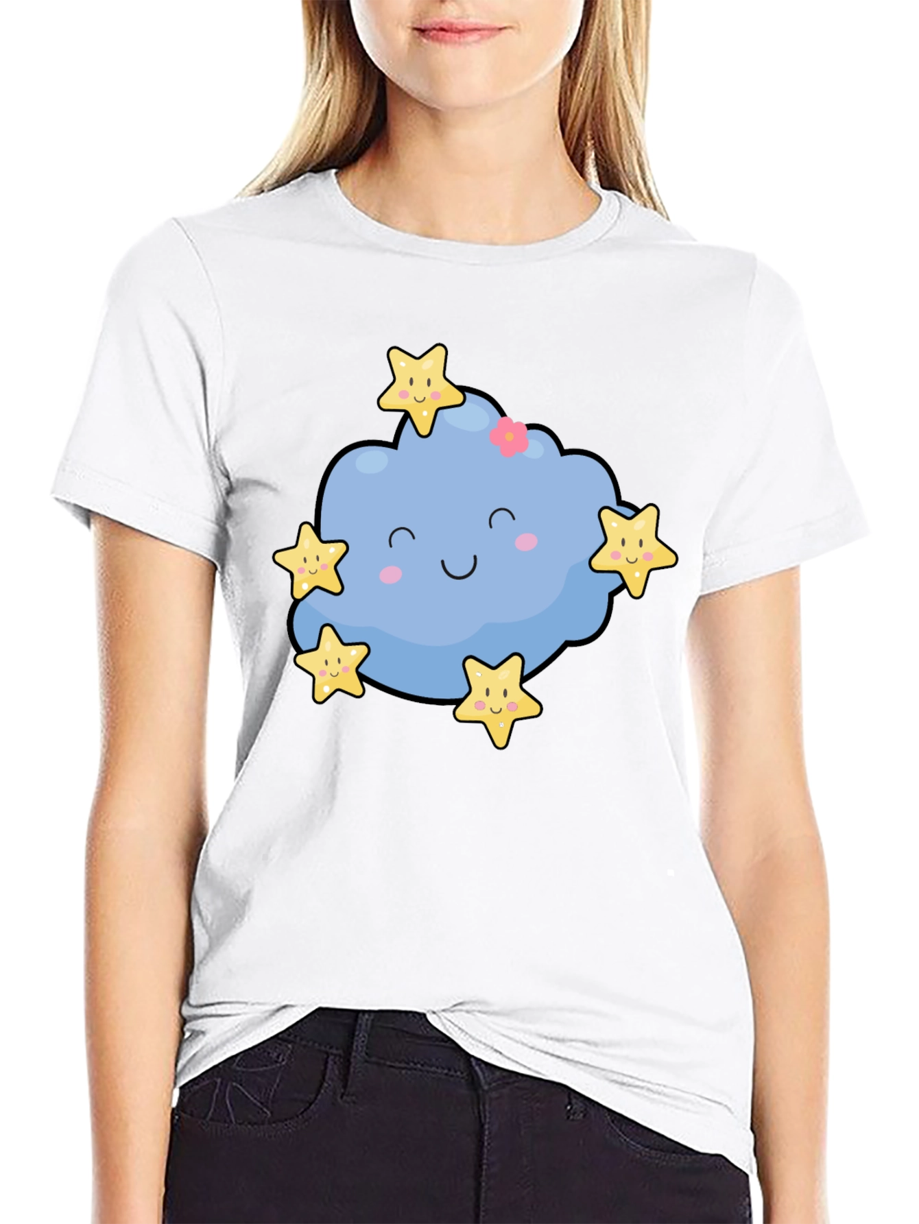 Cute Cloud & Stars Graphic Black T-Shirt