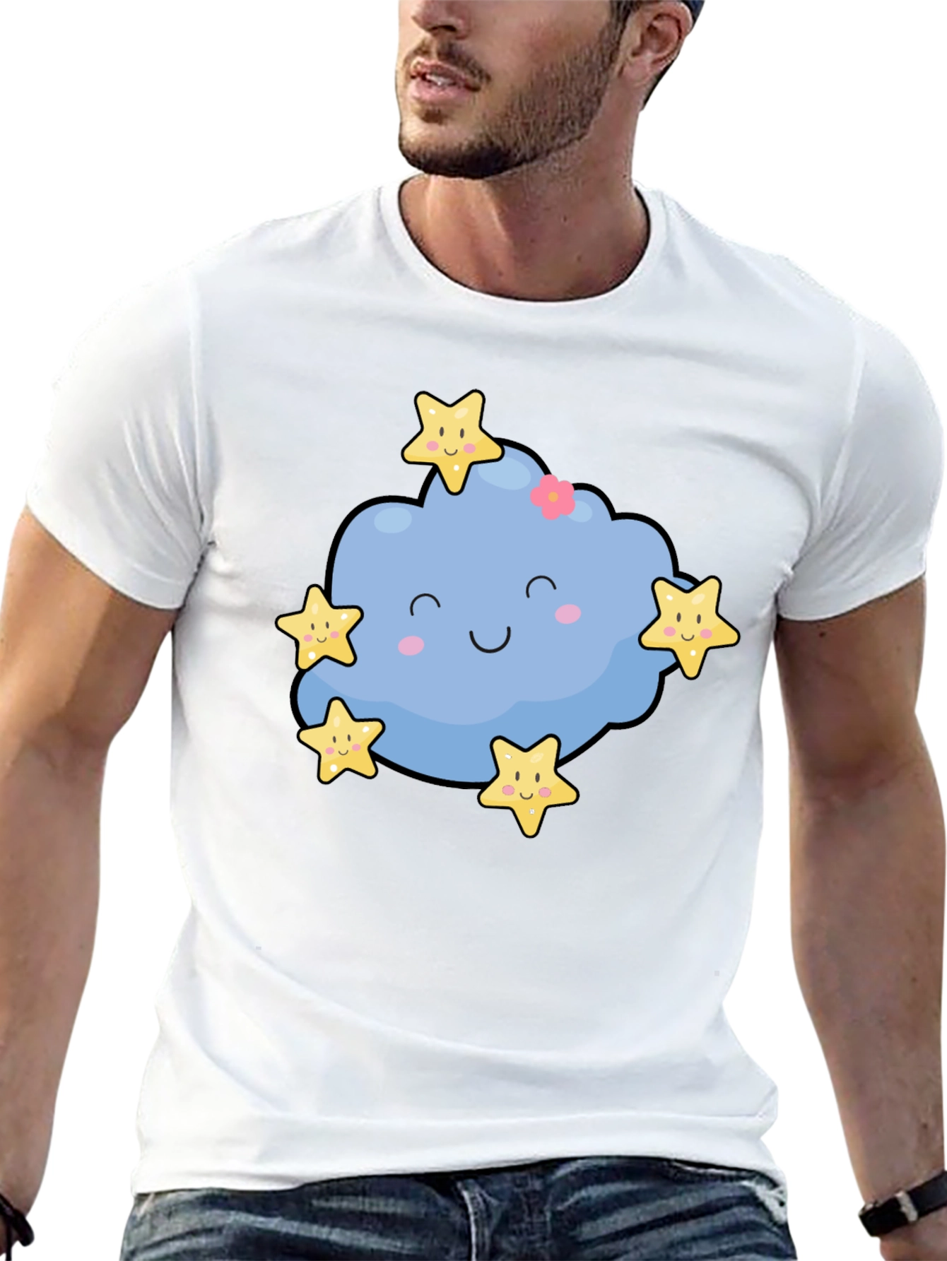 Cute Cloud & Stars Graphic Black T-Shirt
