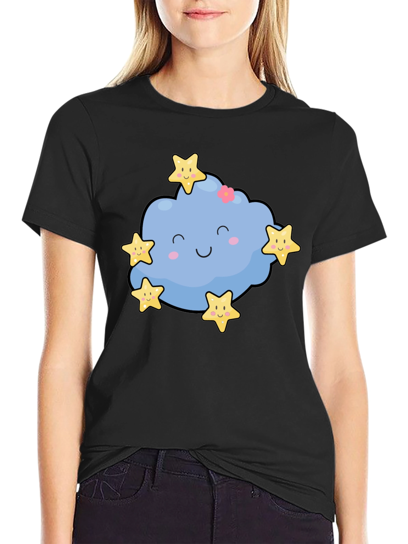 Cute Cloud & Stars Graphic Black T-Shirt