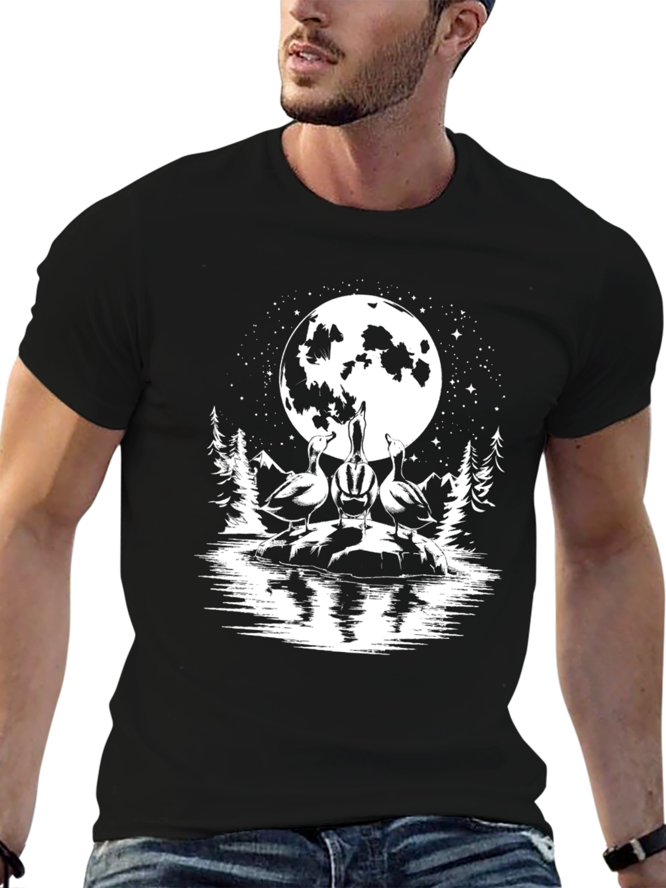 Geese Howling at Moon Black T-Shirt