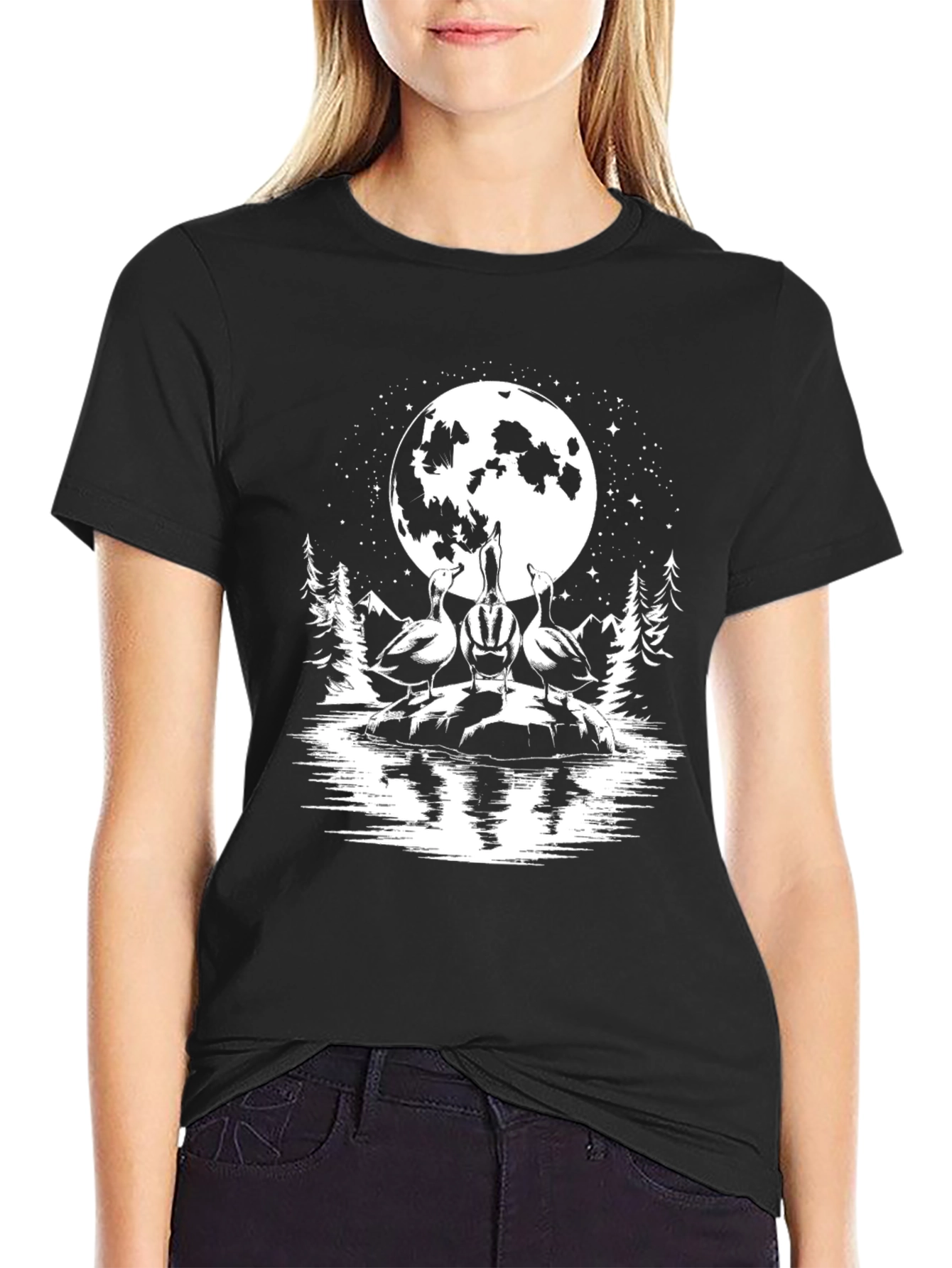 Geese Howling at Moon Black T-Shirt