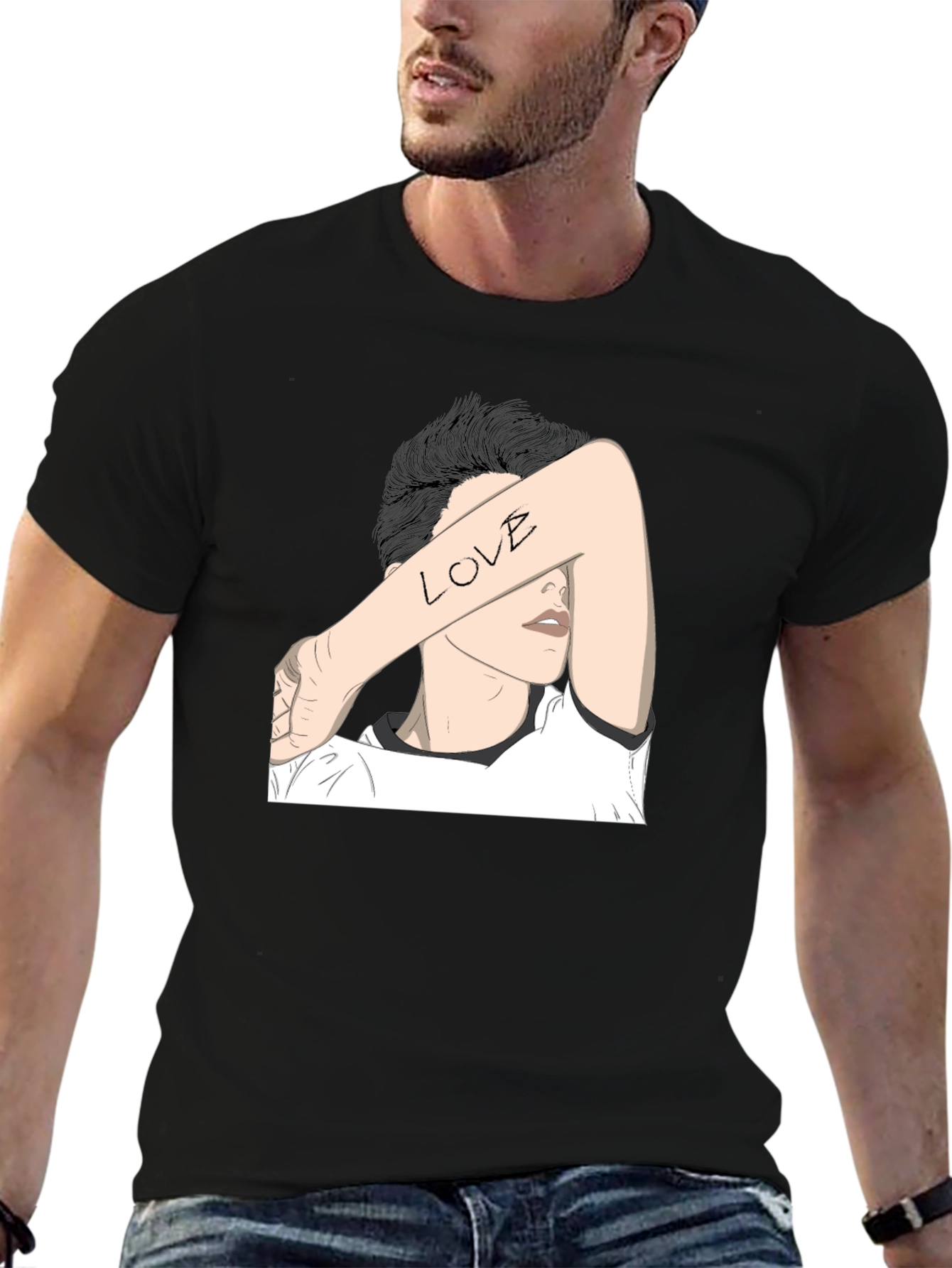 Black T-Shirt with Artistic Love Graphic