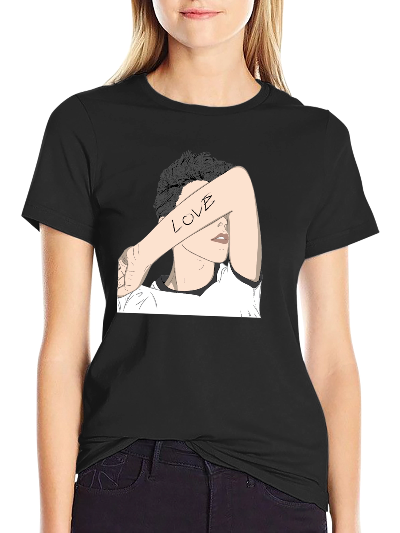 Black T-Shirt with Artistic Love Graphic