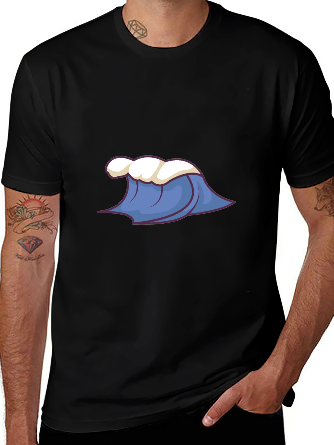 Cartoon Wave Graphic Tee - Black Cotton Blend
