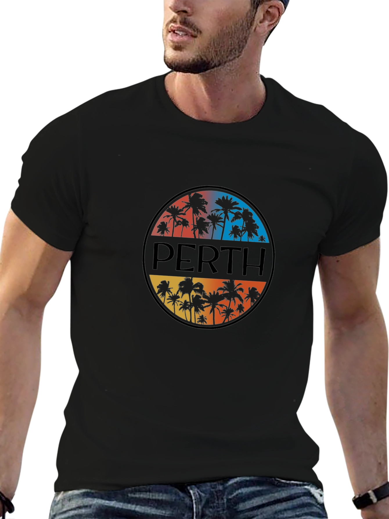 Perth Palm Tree Graphic Tee - Black Cotton T-Shirt